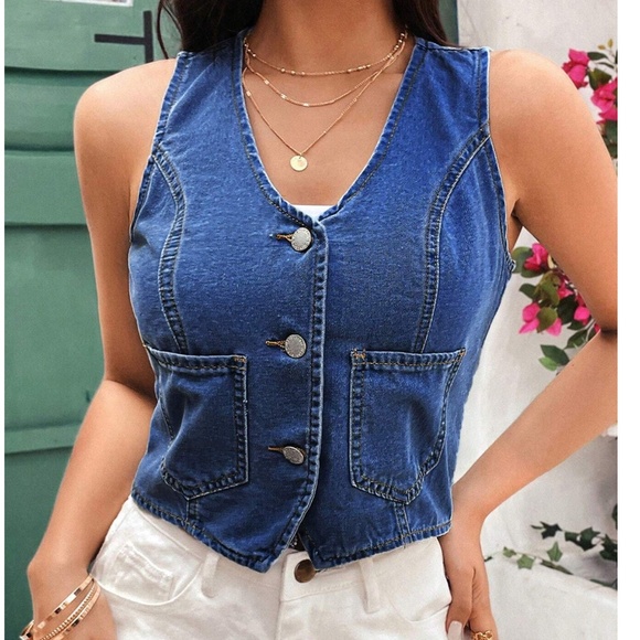 Dark Wash Button up Denim Jean Crop Vest - Picture 10 of 11